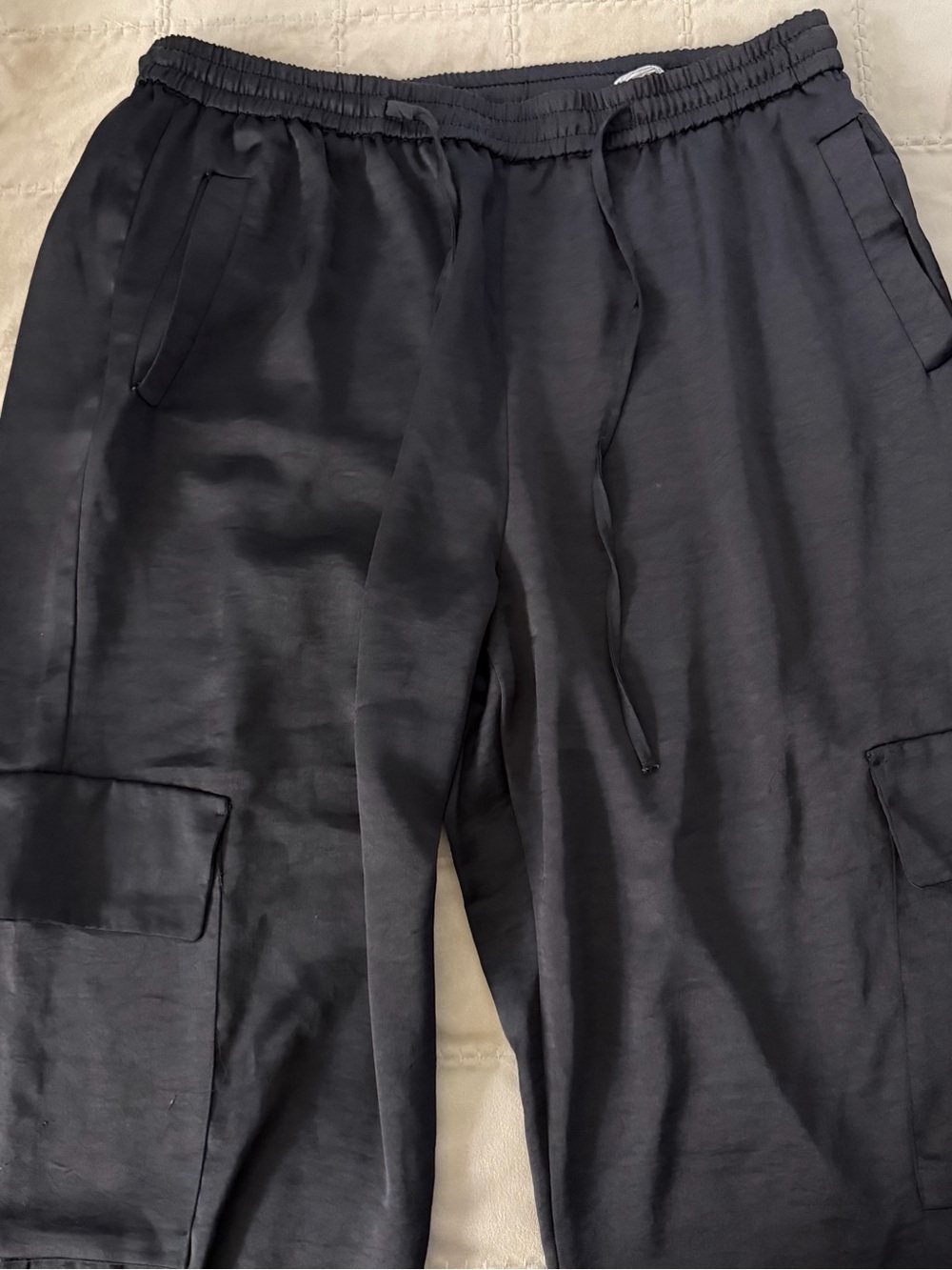 Zara Silky Black Women's Cargo Pants with Drawstring Waist